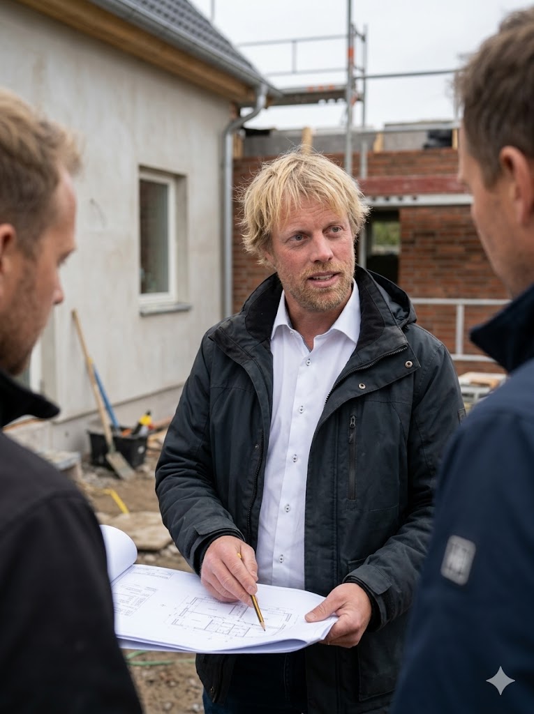 Marcus Ohrberg på byggarbetsplats med ritningar